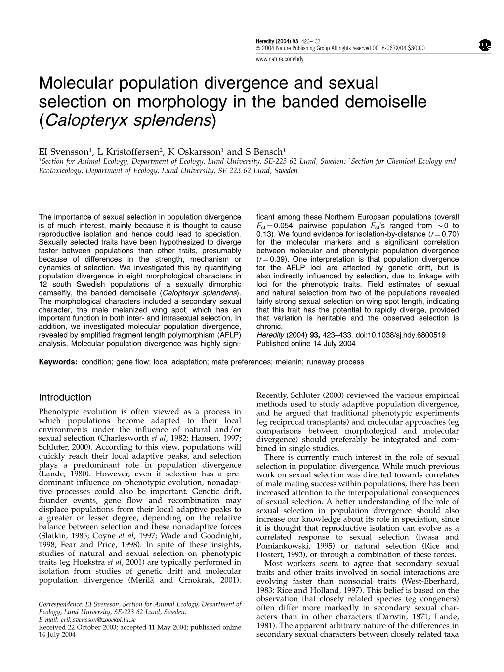 Molecular Population Divergence and Sexual Selection on Morphology in the Banded Demoiselle (Calopteryx Splendens)