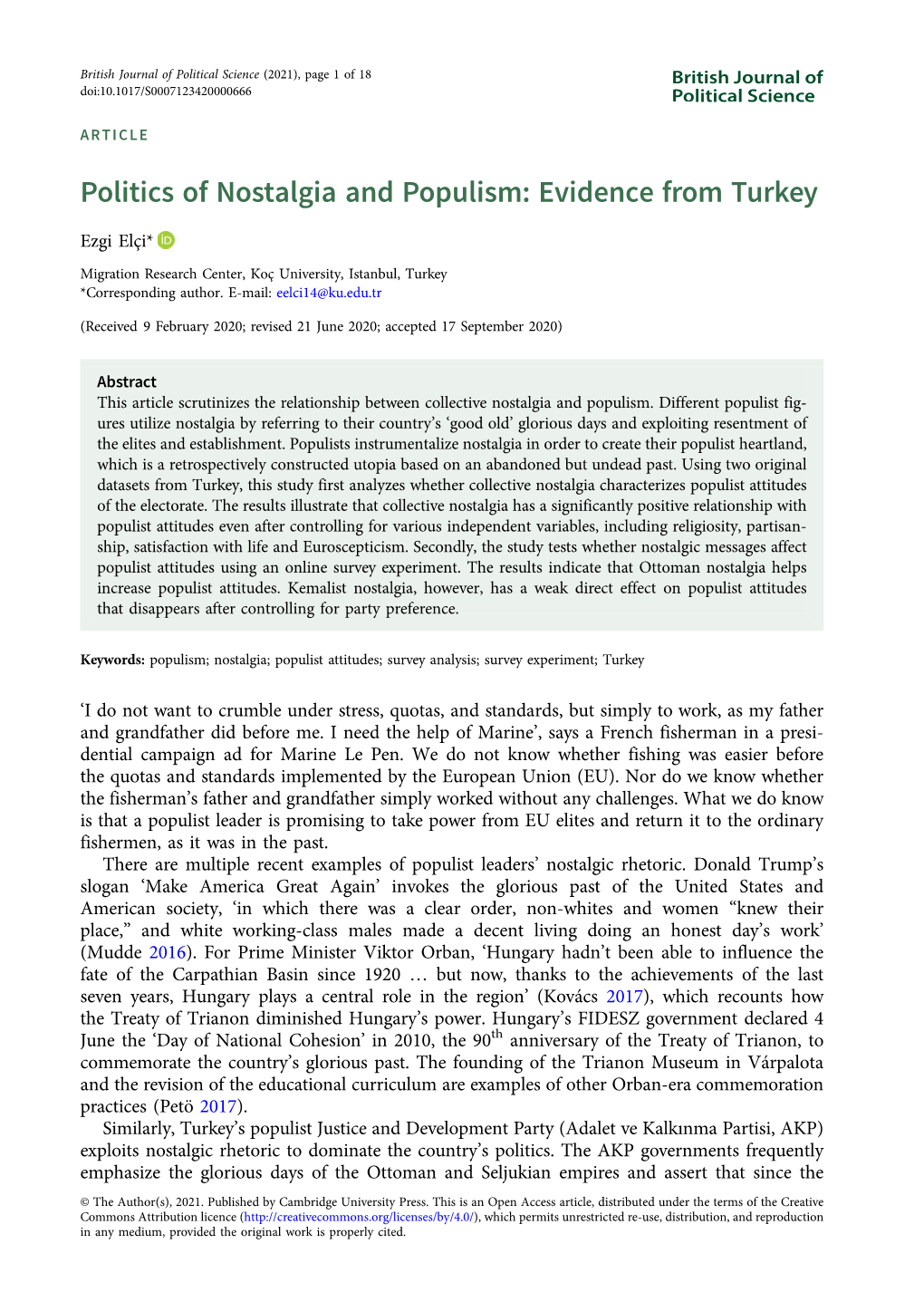 Politics of Nostalgia and Populism: Evidence from Turkey