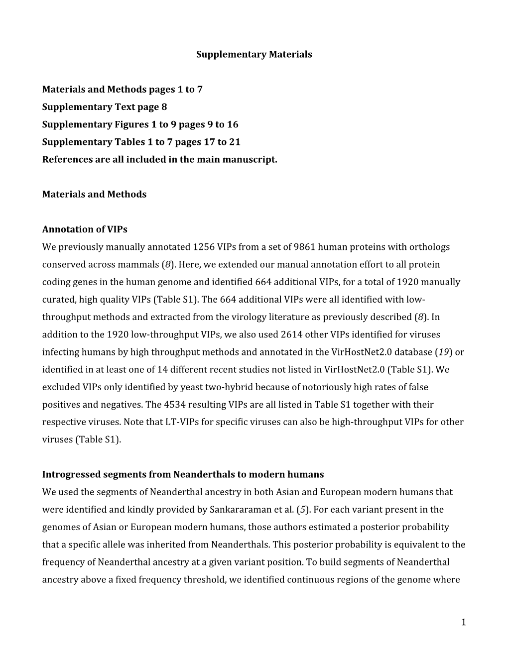 1 Supplementary Materials Materials and Methods Pages 1 to 7