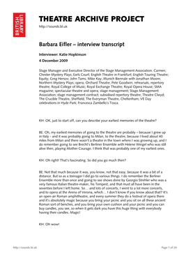 Theatre Archive Project: Interview with Barbara Eifler