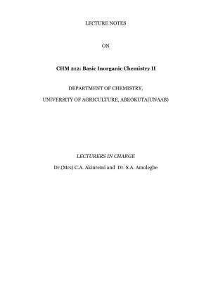 CHM 212: Basic Inorganic Chemistry II
