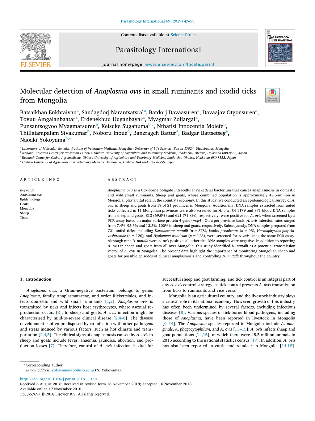 Molecular Detection of Anaplasma Ovis in Small Ruminants and Ixodid