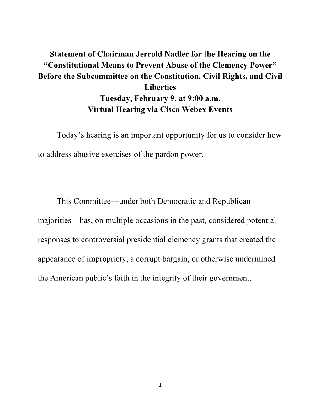 Statement of Chairman Jerrold Nadler for the Hearing on The