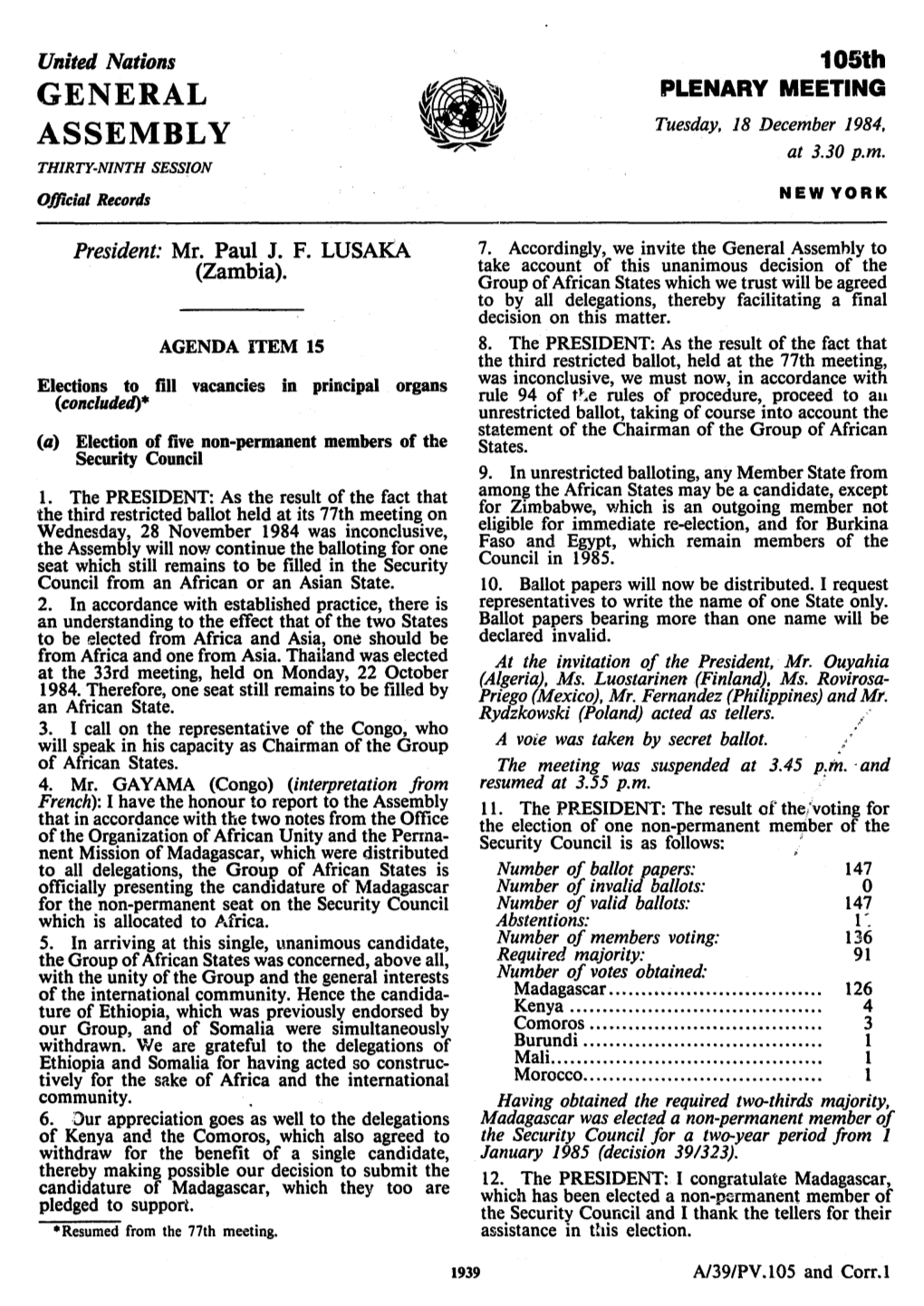 General Assembly-Thirty-Ninth Sessiorl-Plenary Meetings AGENDA ITEM 12 AGENDA ITEM 118 the United the Hungry Report of the Economic and Social Council