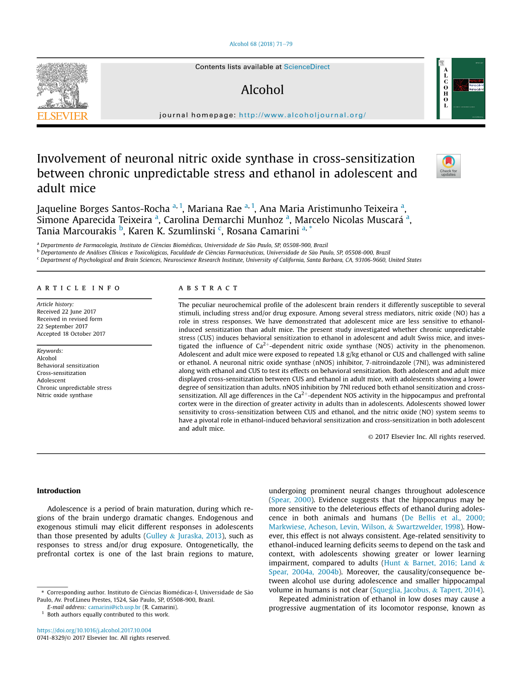 Involvement of Neuronal Nitric Oxide Synthase in Cross-Sensitization Between Chronic Unpredictable Stress and Ethanol in Adolescent and Adult Mice