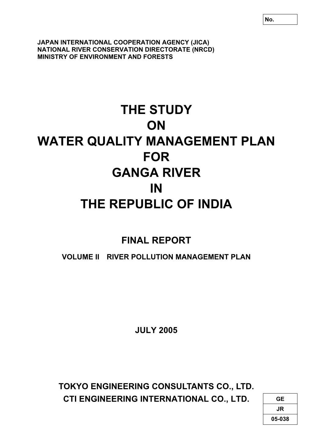 The Study on Water Quality Management Plan for Ganga River in the Republic of India