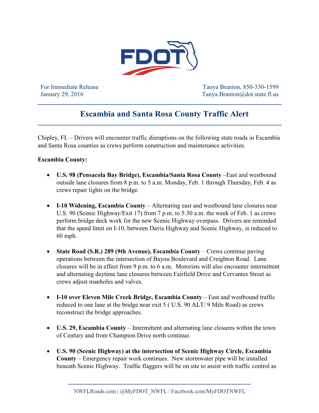 Escambia and Santa Rosa County Traffic Alert