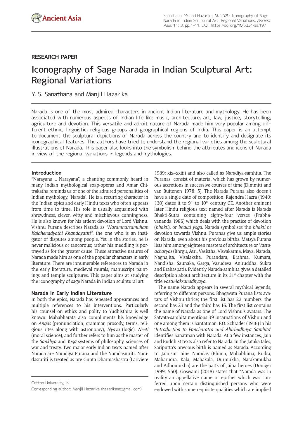 Iconography of Sage Narada in Indian Sculptural Art: Regional Variations Y