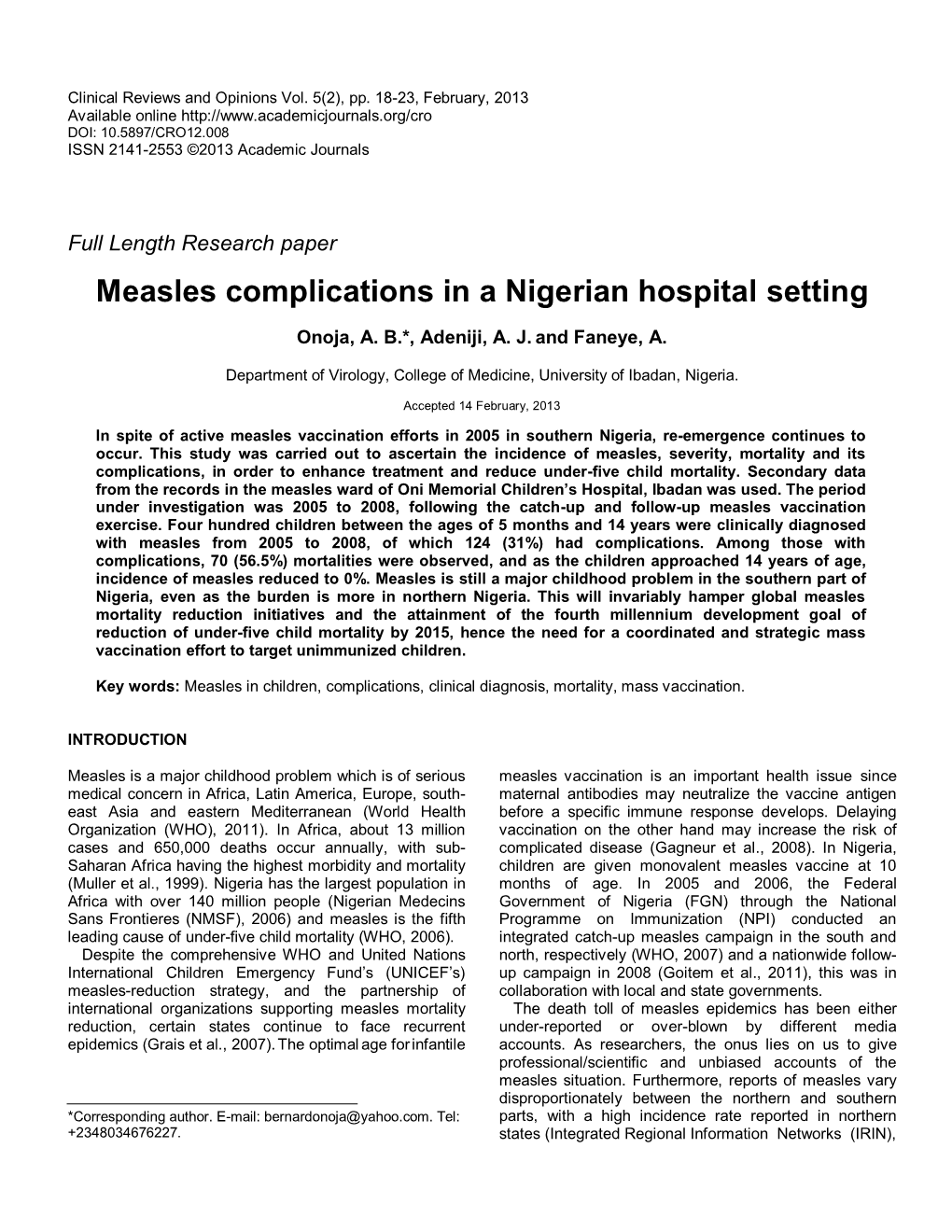 Measles Complications in a Nigerian Hospital Setting