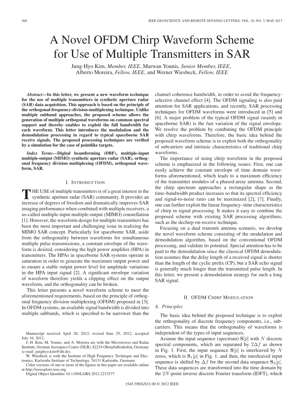 A Novel OFDM Chirp Waveform Scheme for Use of Multiple Transmitters In