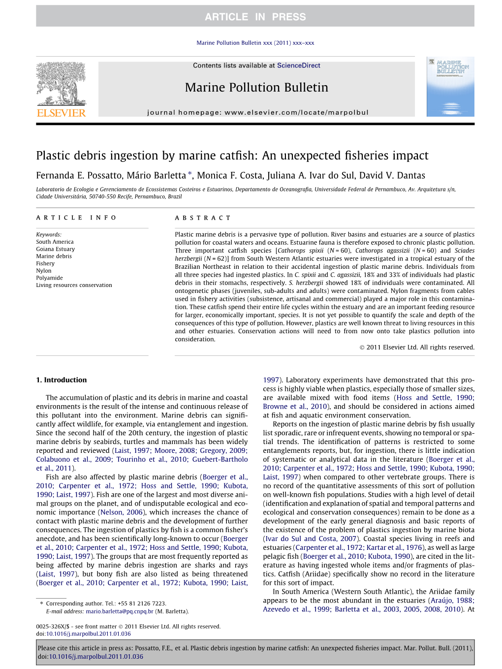 Plastic Debris Ingestion by Marine Catfish: an Unexpected Fisheries Impact