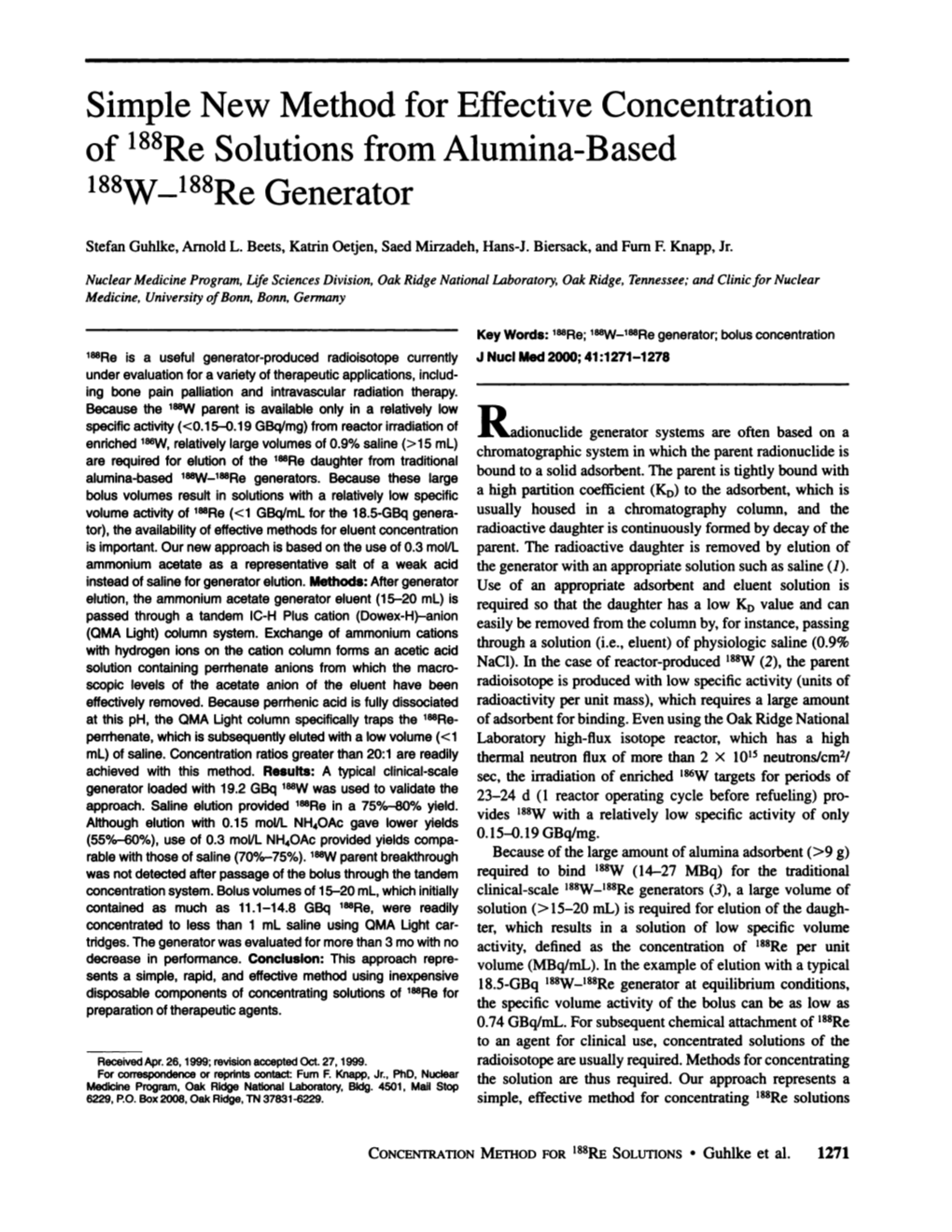 Simple New Method for Effective Concentration of 188Resolutions from Alumina-Based I88w I88regenerator