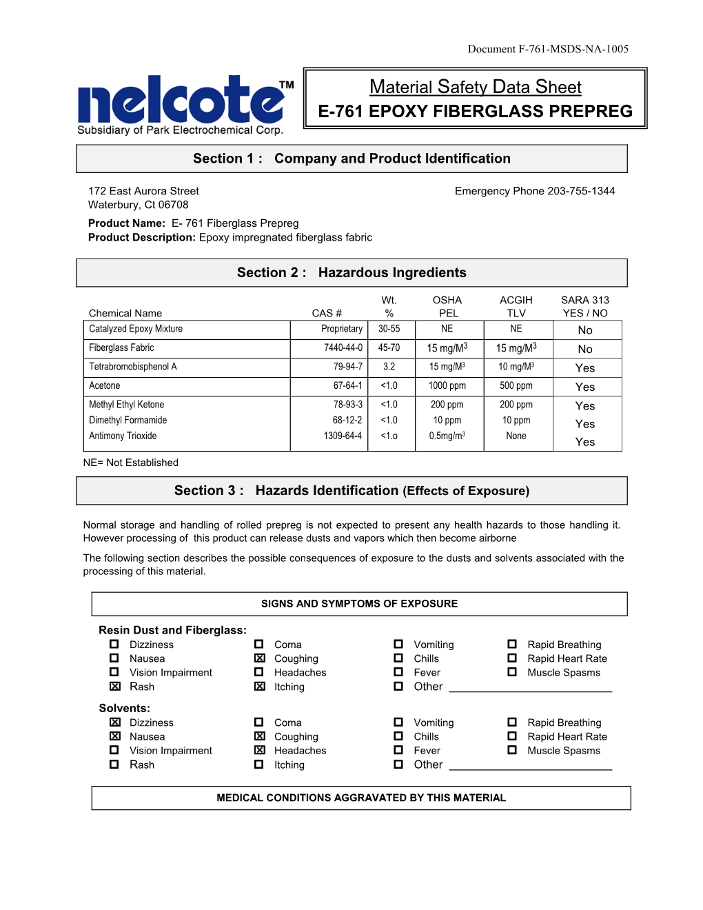 Material Safety Data Sheet E-761 EPOXY FIBERGLASS PREPREG