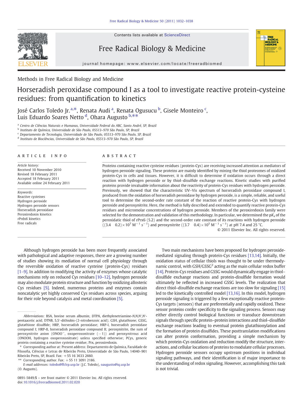 Horseradish Peroxidase Compound I As a Tool to Investigate Reactive Protein-Cysteine Residues: from Quantiﬁcation to Kinetics