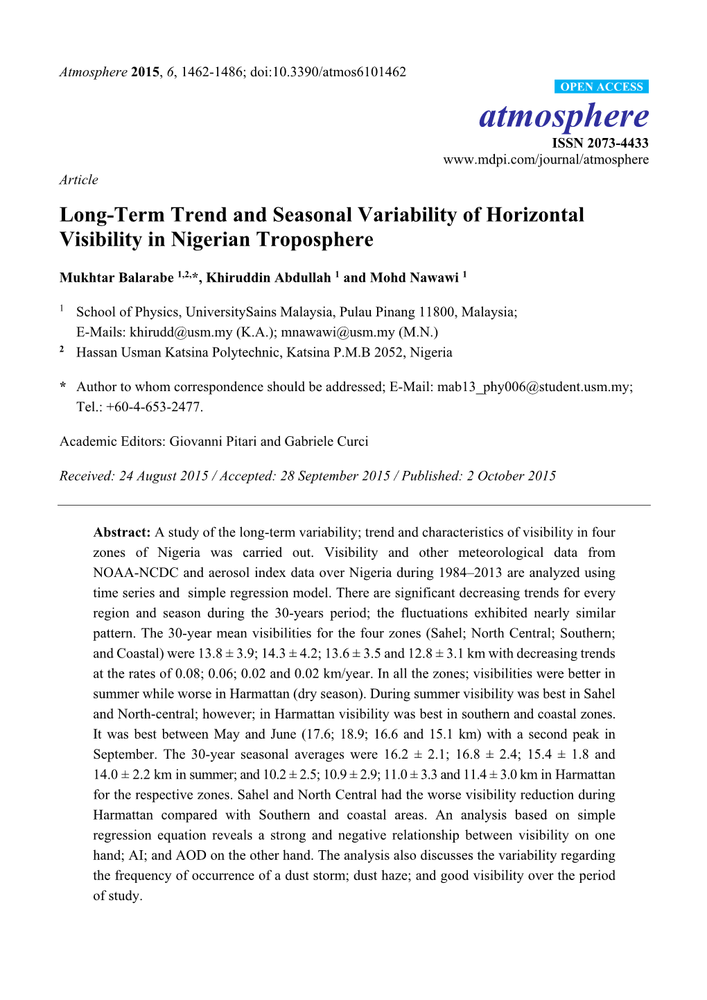 Long-Term Trend and Seasonal Variability of Horizontal Visibility in Nigerian Troposphere