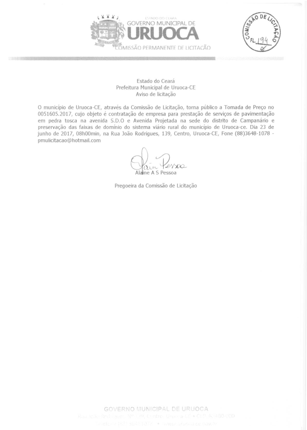 GOVERNO MUNICIPAL DE URUOCA Vromissa- 0 PERMANFUTF DF LICITACAO