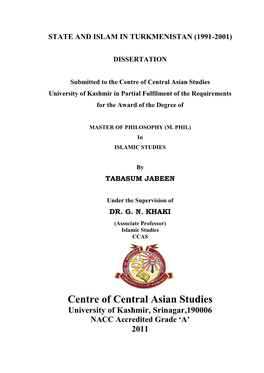 Centre of Central Asian Studies University of Kashmir in Partial Fulfilment of the Requirements for the Award of the Degree Of