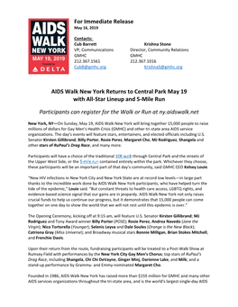 For Immediate Release AIDS Walk New York Returns to Central Park
