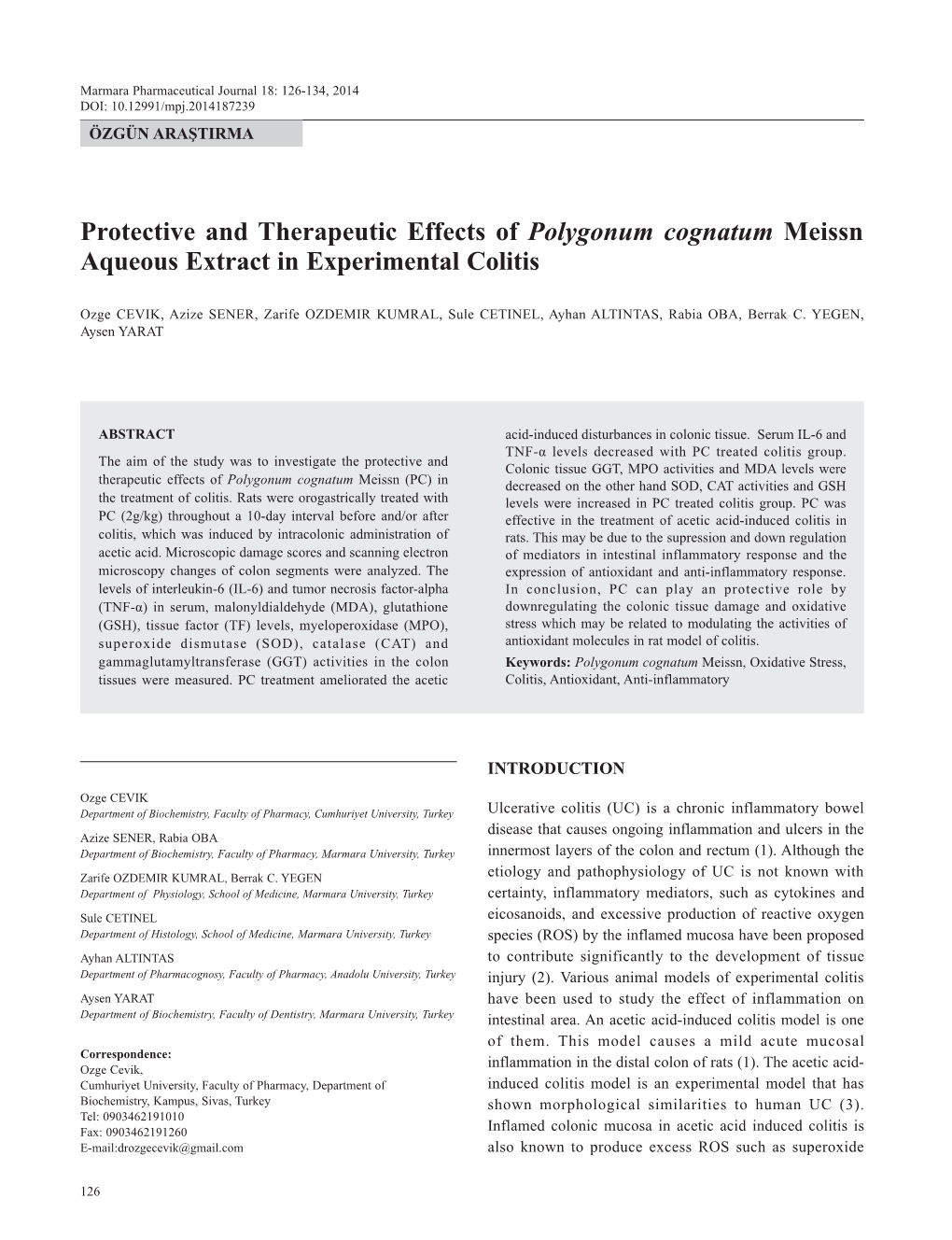 Protective and Therapeutic Effects of Polygonum Cognatum Meissn Aqueous Extract in Experimental Colitis