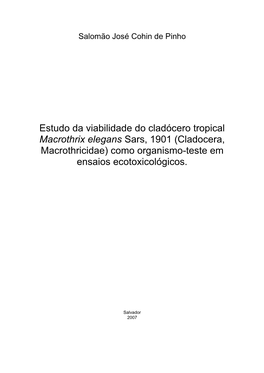 Cladocera, Macrothricidae) Como Organismo-Teste Em Ensaios Ecotoxicológicos