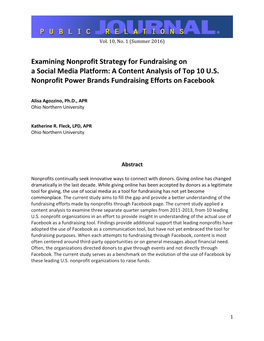 Examining Nonprofit Strategy for Fundraising on a Social Media Platform: a Content Analysis of Top 10 U.S