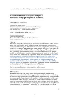 Value-Based Heuristics in Policy Analysis of Renewable Energy Pricing and Its Incentives ______