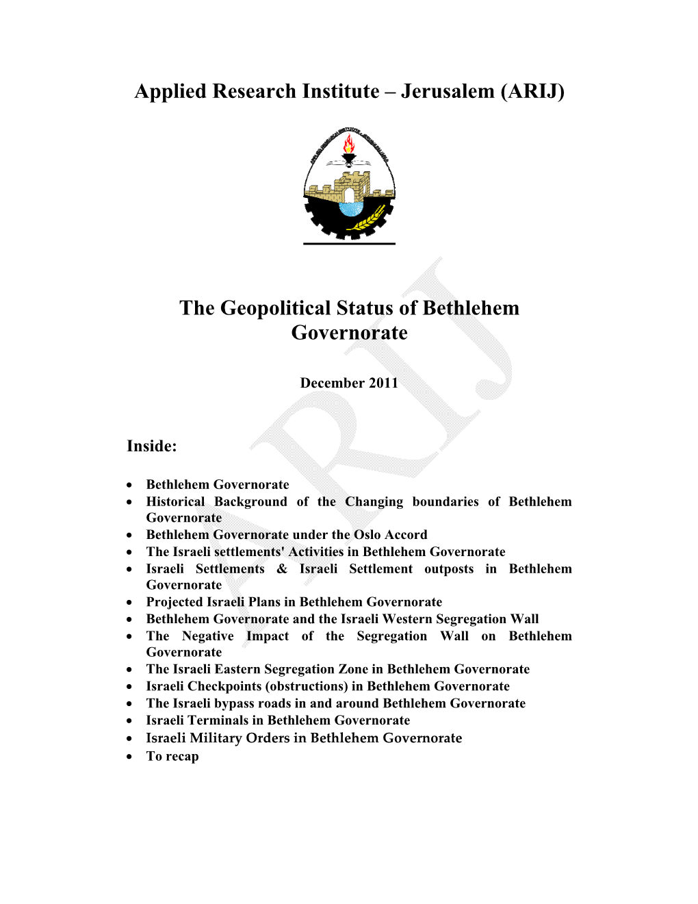 The Geopolitical Status of Bethlehem Governorate