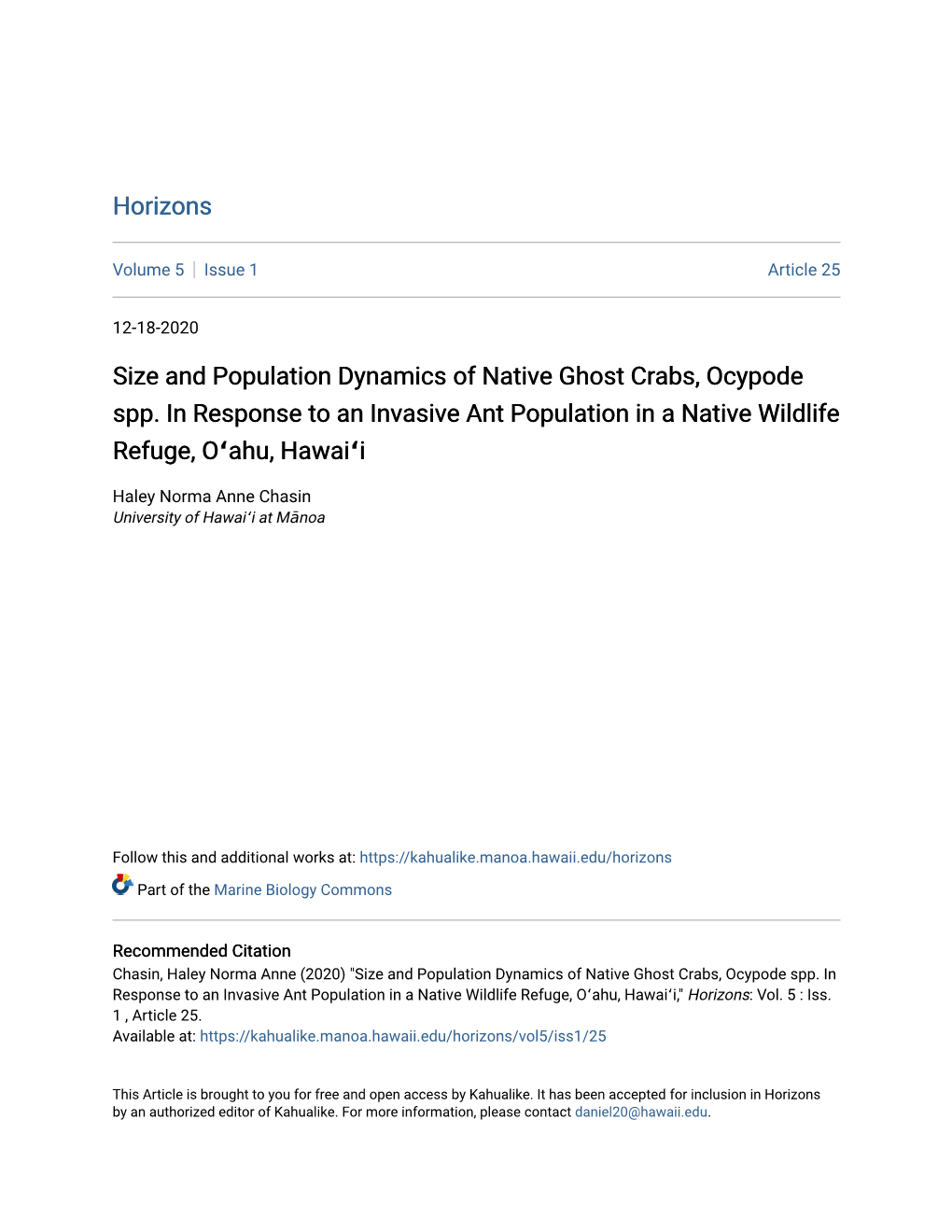 Size and Population Dynamics of Native Ghost Crabs, Ocypode Spp