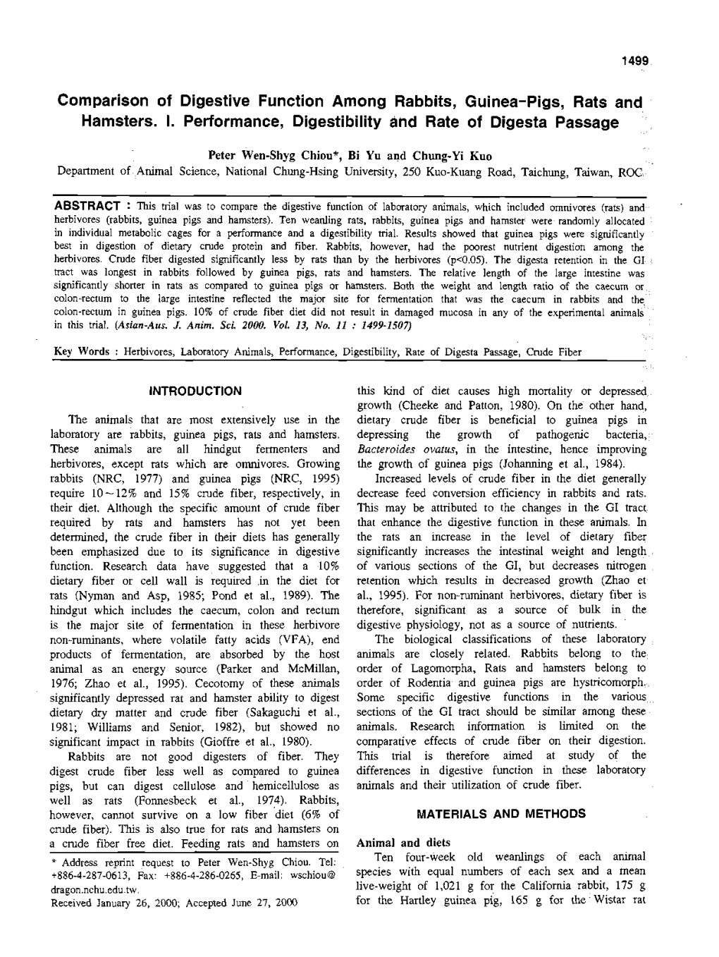 Comparison of Digestive Function Among Rabbits, Guinea-Pigs, Rats and Hamsters