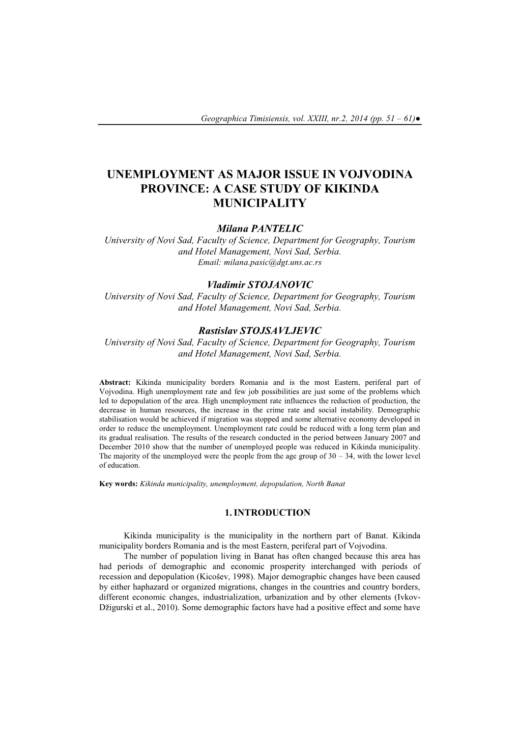 Unemployment As Major Issue in Vojvodina Province: a Case Study of Kikinda Municipality