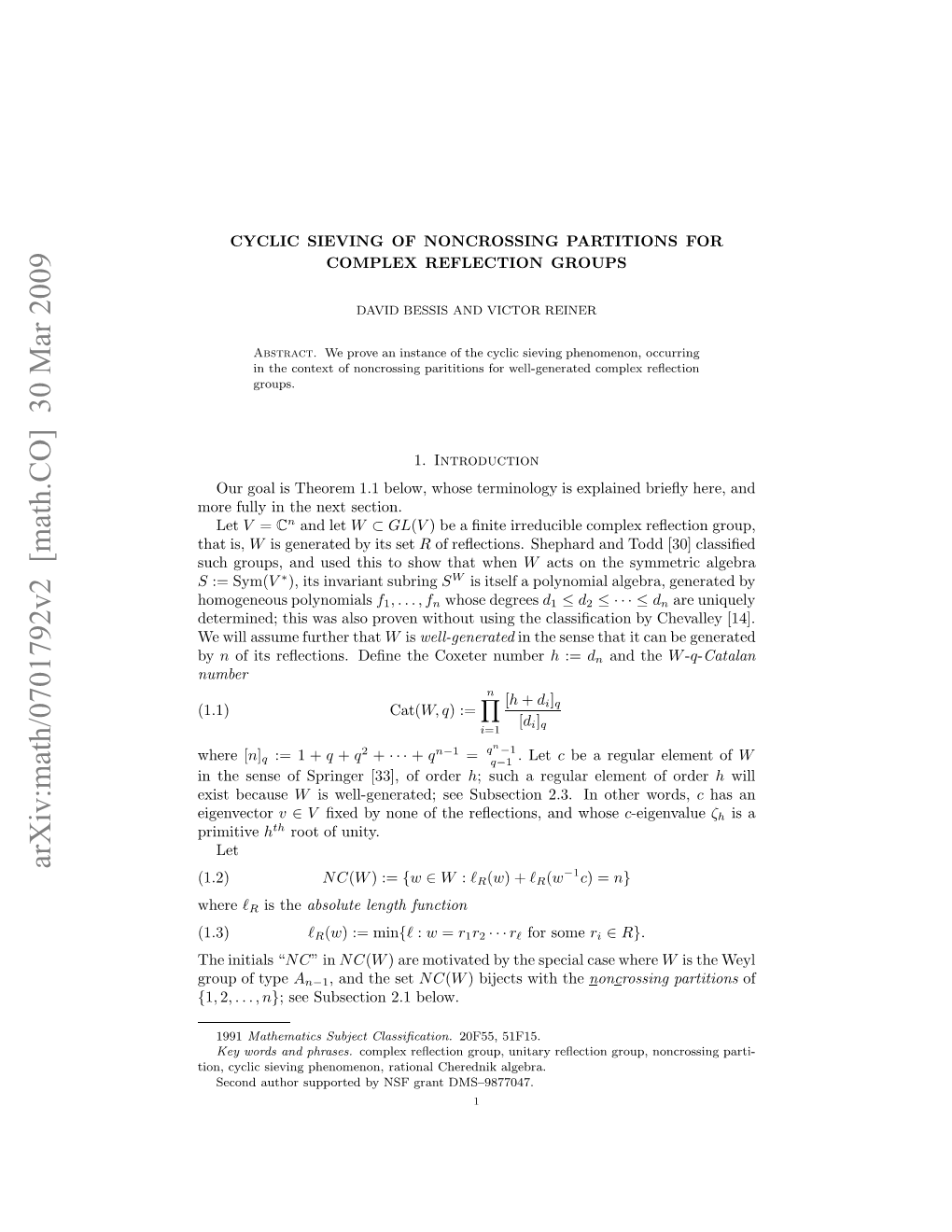 Arxiv:Math/0701792V2 [Math.CO] 30 Mar 2009 Uhgop,Adue Hst Hwta When That Show to This Used and Groups, Such Is, That Oeflyi H Etsection