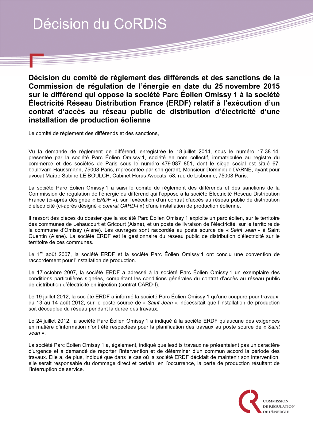 Décision Du Cordis De La CRE En Date Du 25 Novembre 2015 Sur Le