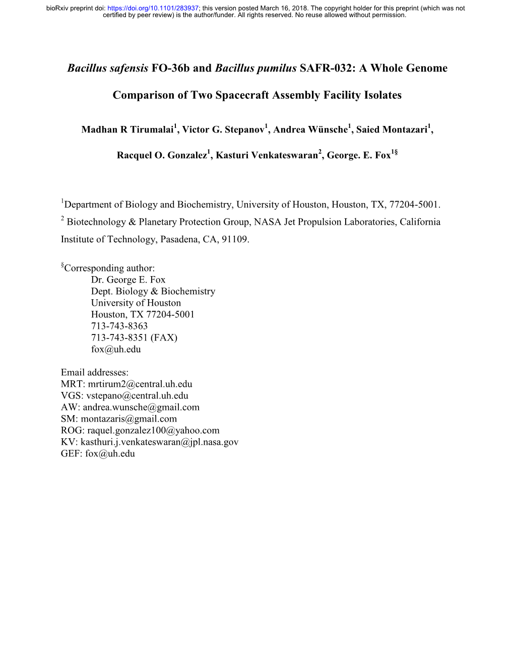 Bacillus Safensis FO-36B and Bacillus Pumilus SAFR-032: a Whole Genome