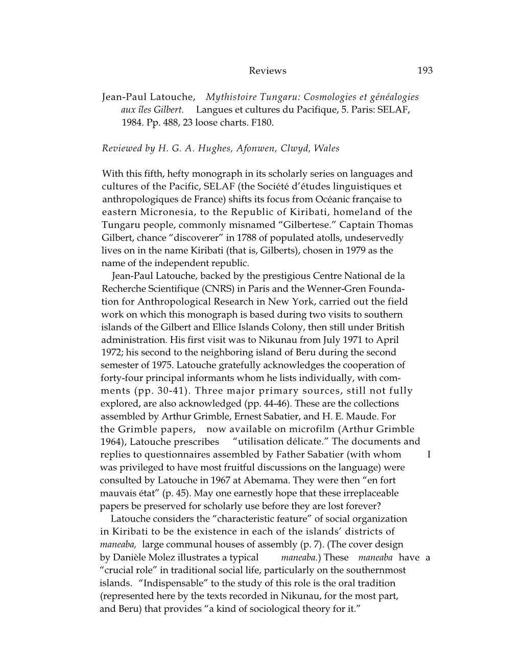 Jean-Paul Latouche, Mythistoire Tungaru: Cosmologies Et Généalogies Aux Îles Gilbert