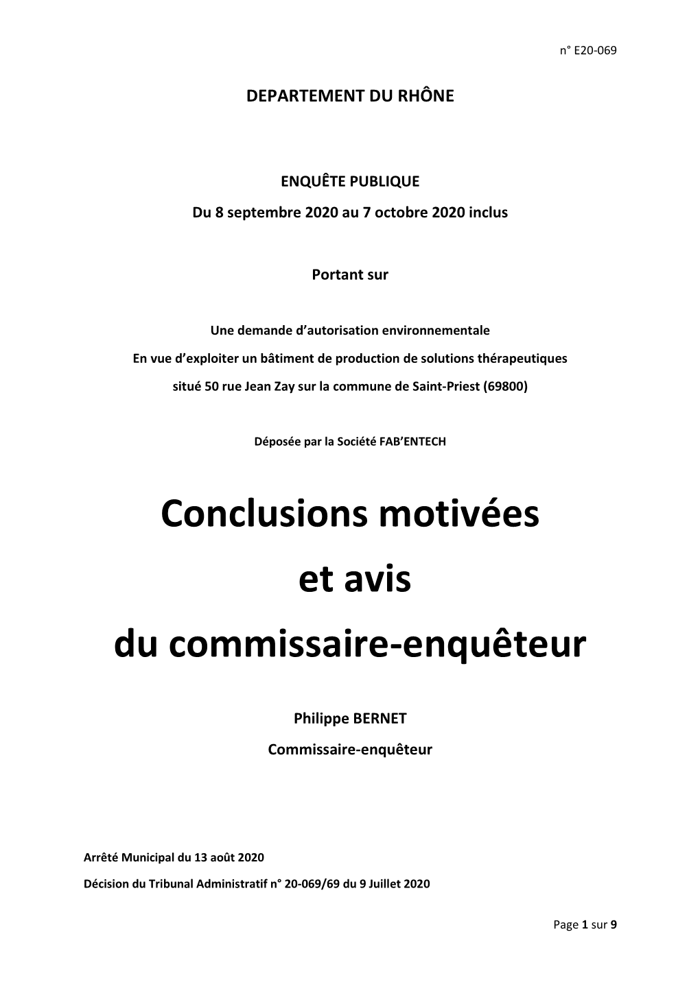 Conclusions Motivées Et Avis Du Commissaire-Enquêteur