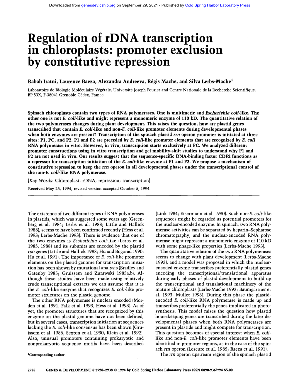 Regulation of Rdna Transcription in Chloroplasts: Promoter Exclusion by Constitutive Repression