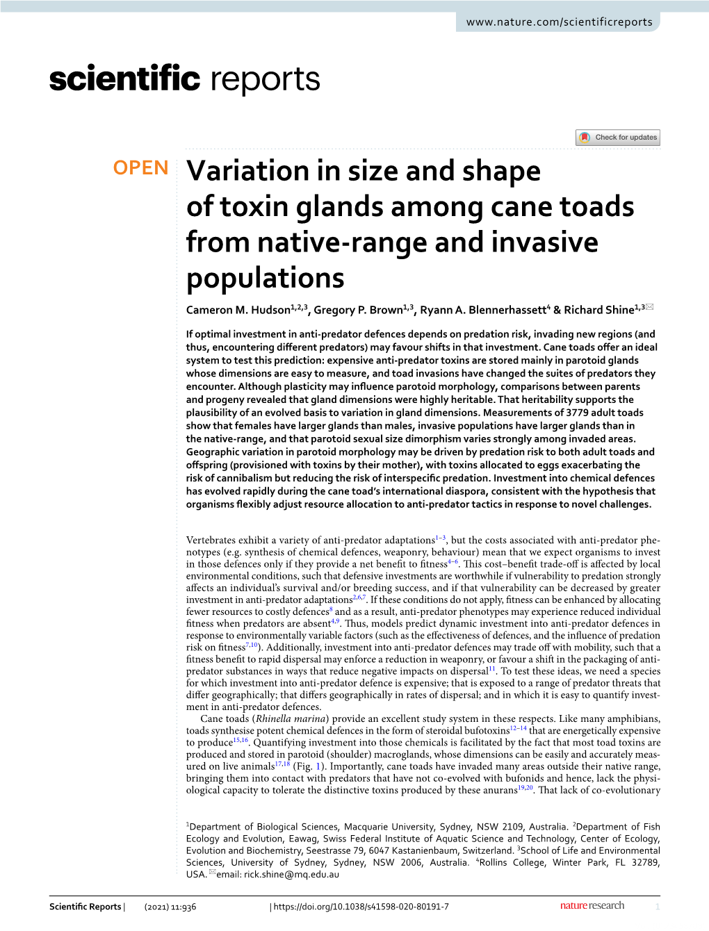 Variation in Size and Shape of Toxin Glands Among Cane Toads from Native‑Range and Invasive Populations Cameron M