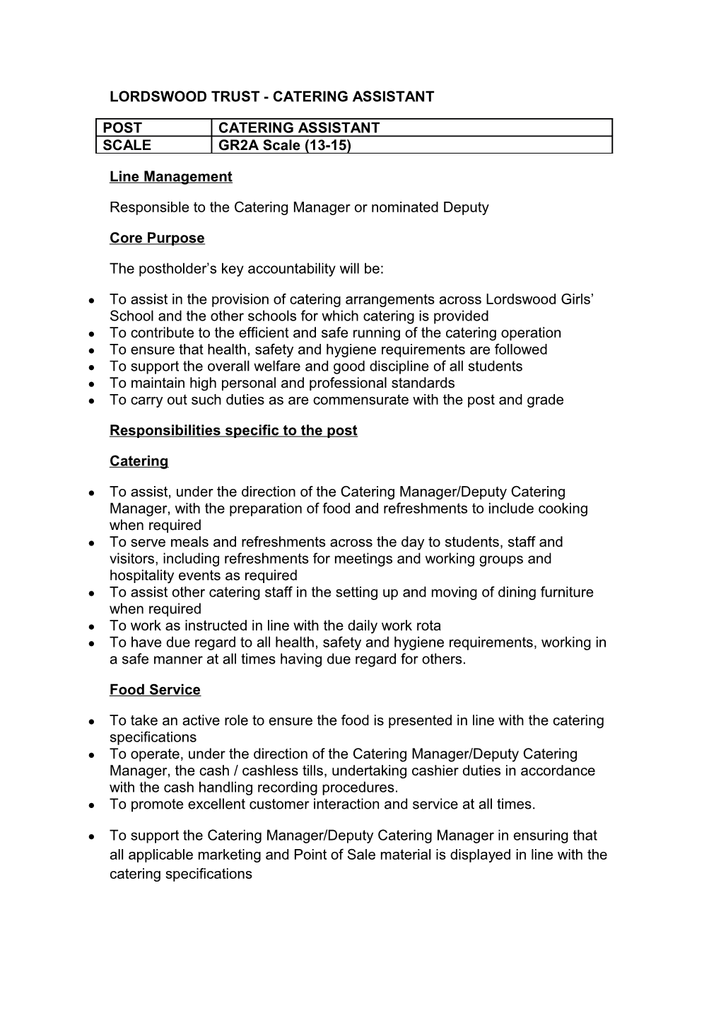 Lordswood Trust - Catering Assistant