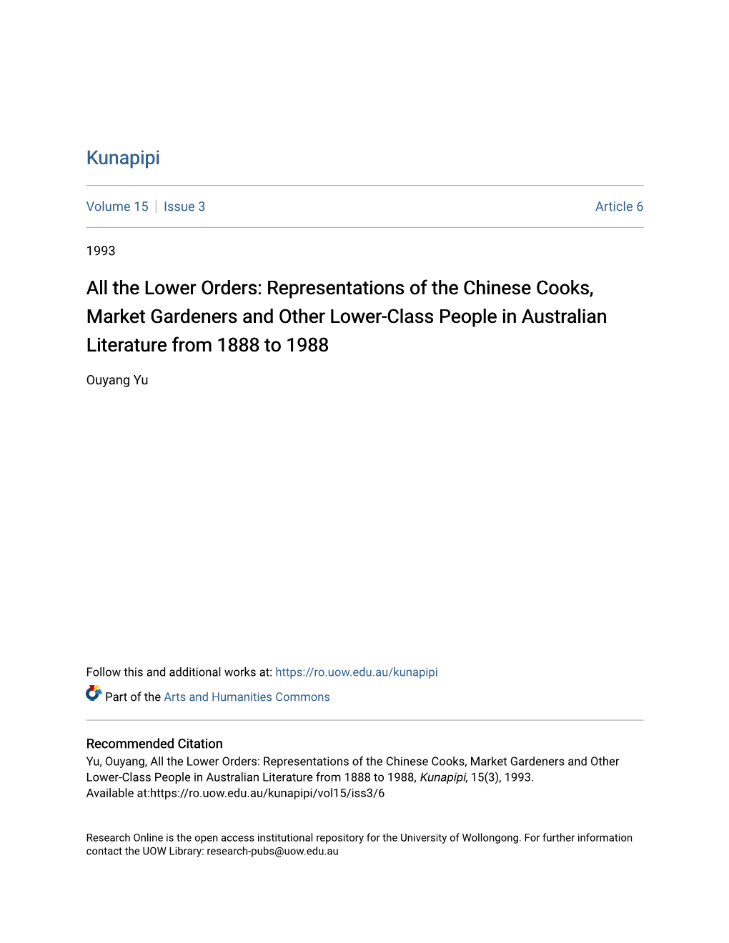 All the Lower Orders: Representations of the Chinese Cooks, Market Gardeners and Other Lower-Class People in Australian Literature from 1888 to 1988