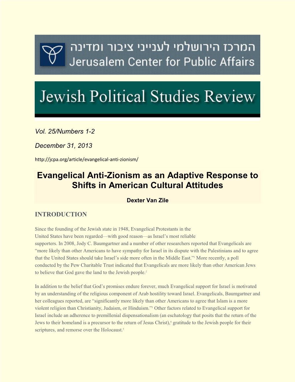 Evangelical Anti-Zionism As an Adaptive Response to Shifts in American Cultural Attitudes