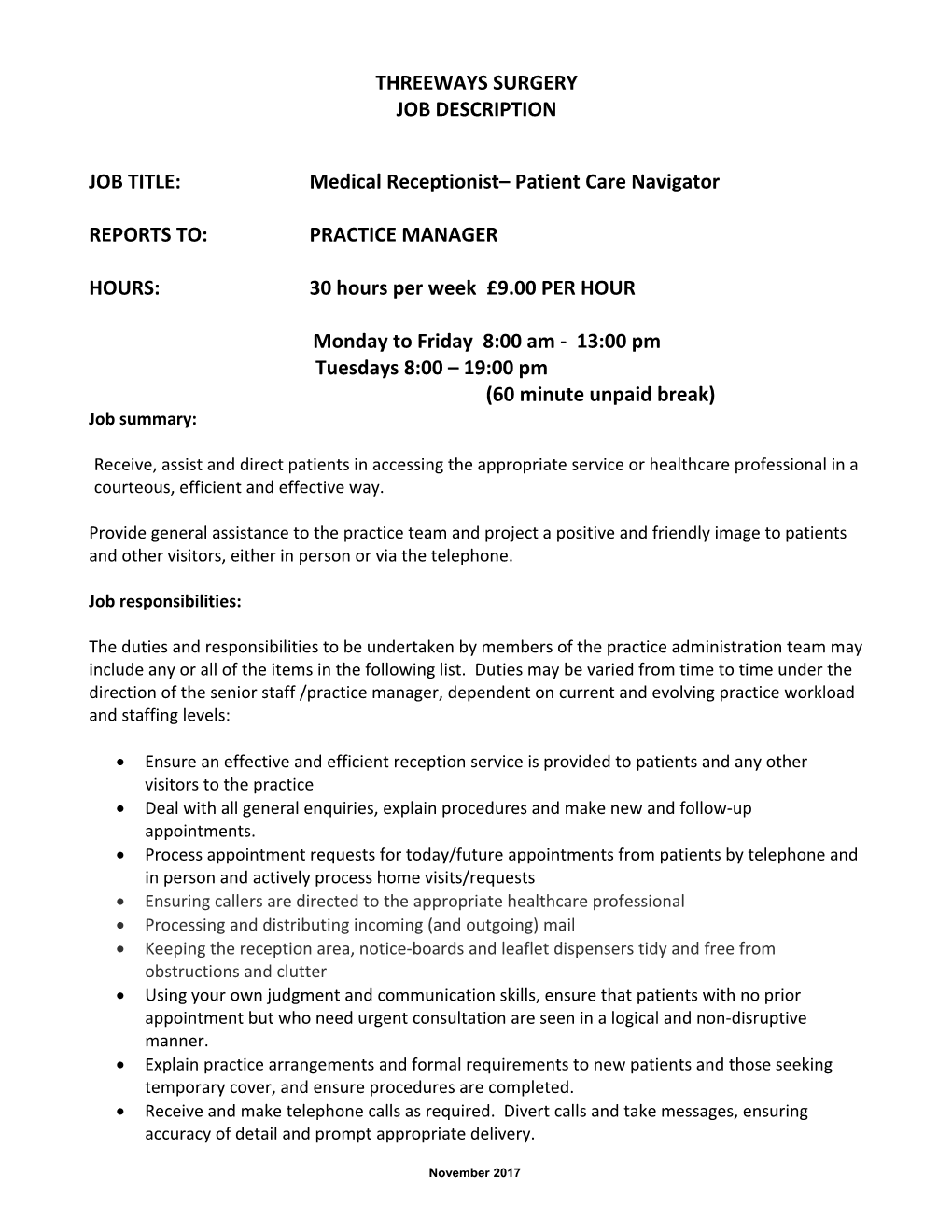 JOB TITLE: Medical Receptionist Patient Care Navigator