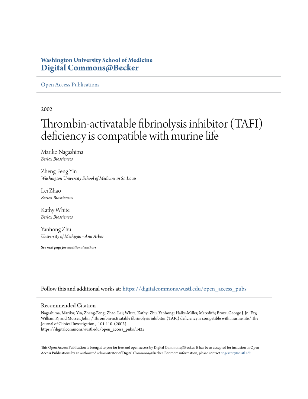 TAFI) Deficiency Is Compatible with Murine Life Mariko Nagashima Berlex Biosciences