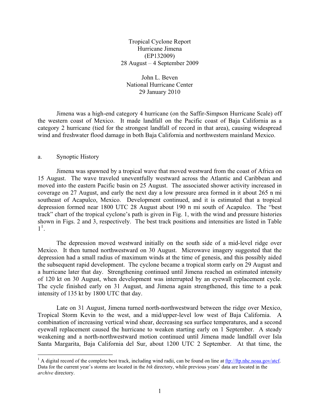 Tropical Cyclone Report Hurricane Jimena (EP132009) 28 August – 4 September 2009