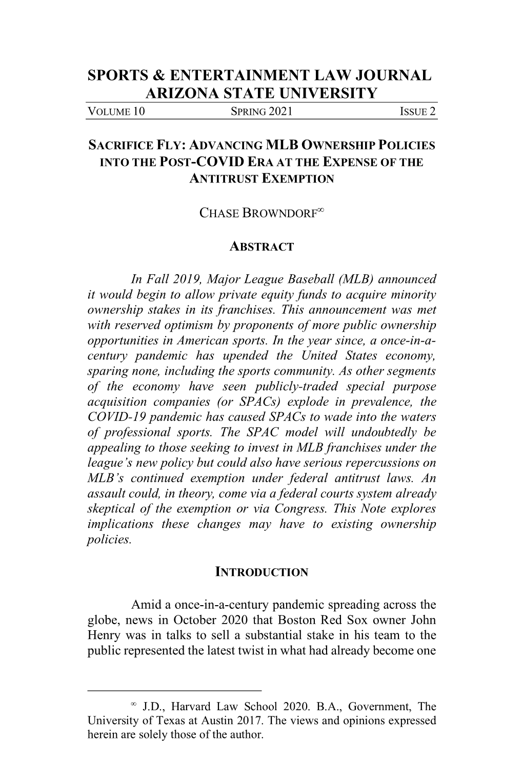 Sacrifice Fly: Advancing Mlb Ownership Policies Into the Post-Covid Era at the Expense of the Antitrust Exemption