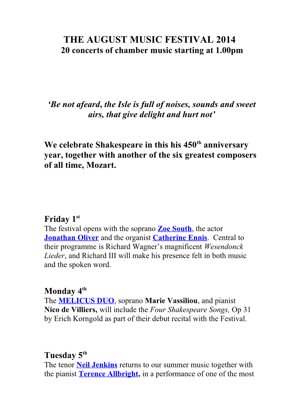 20 Concerts of Chamber Music Starting at 1.00Pm