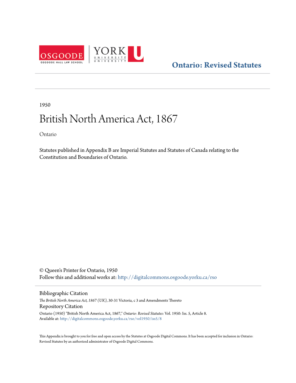 British North America Act, 1867 Ontario