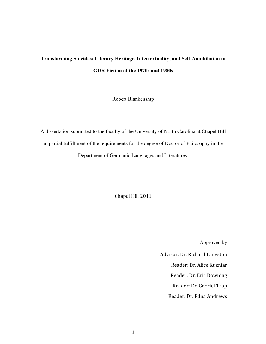 I Transforming Suicides: Literary Heritage, Intertextuality, and Self-Annihilation in GDR Fiction of the 1970S and 1980S Robert