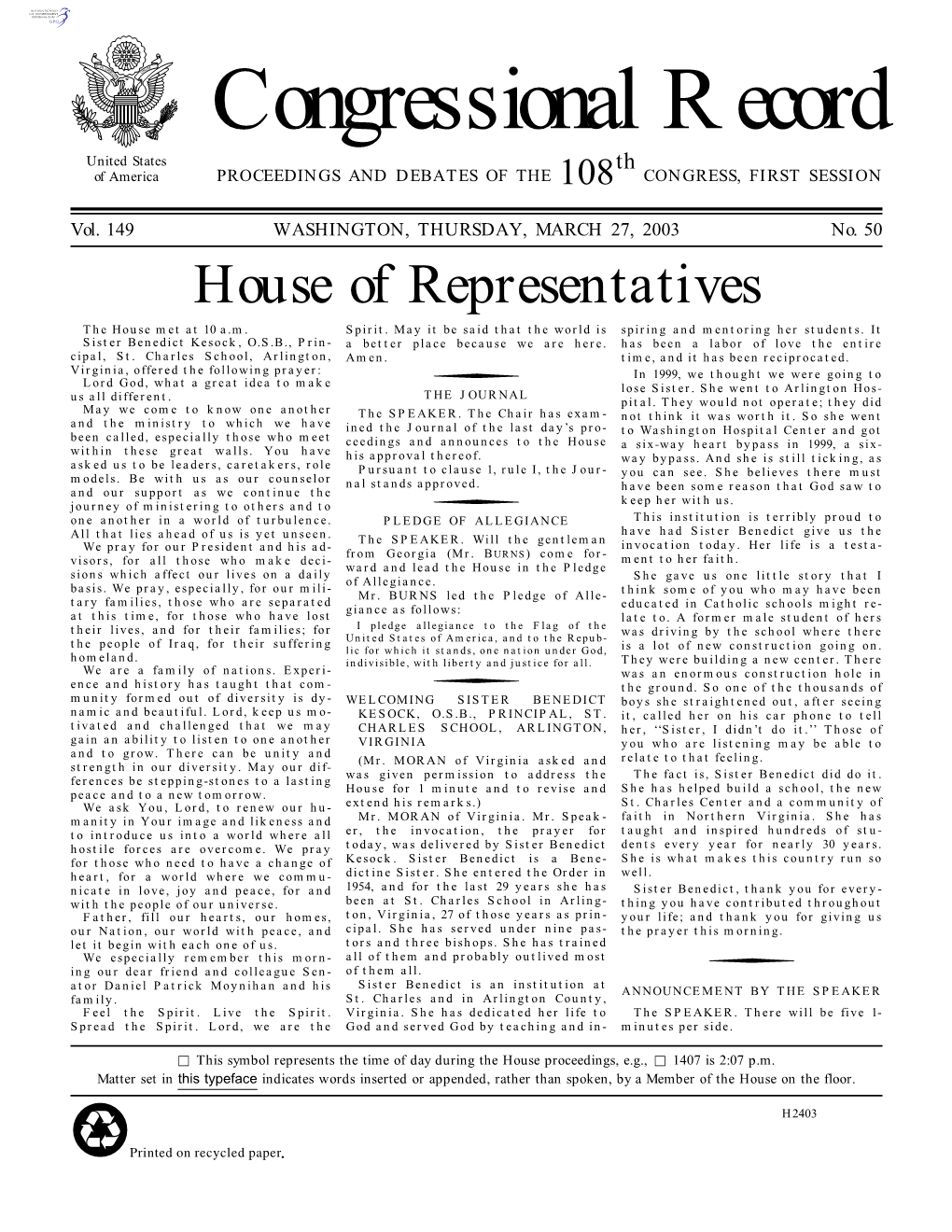 Congressional Record United States Th of America PROCEEDINGS and DEBATES of the 108 CONGRESS, FIRST SESSION