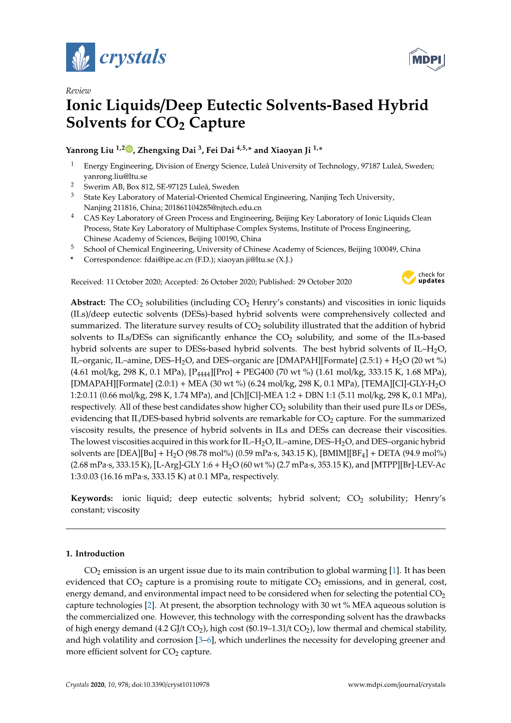 Ionic Liquids/Deep Eutectic Solvents-Based Hybrid Solvents for CO2 Capture