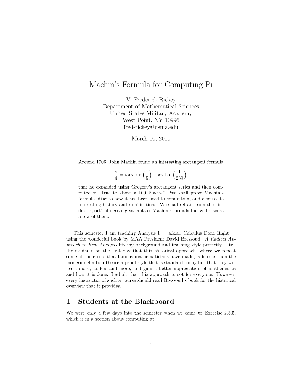 Machin's Formula for Computing Pi